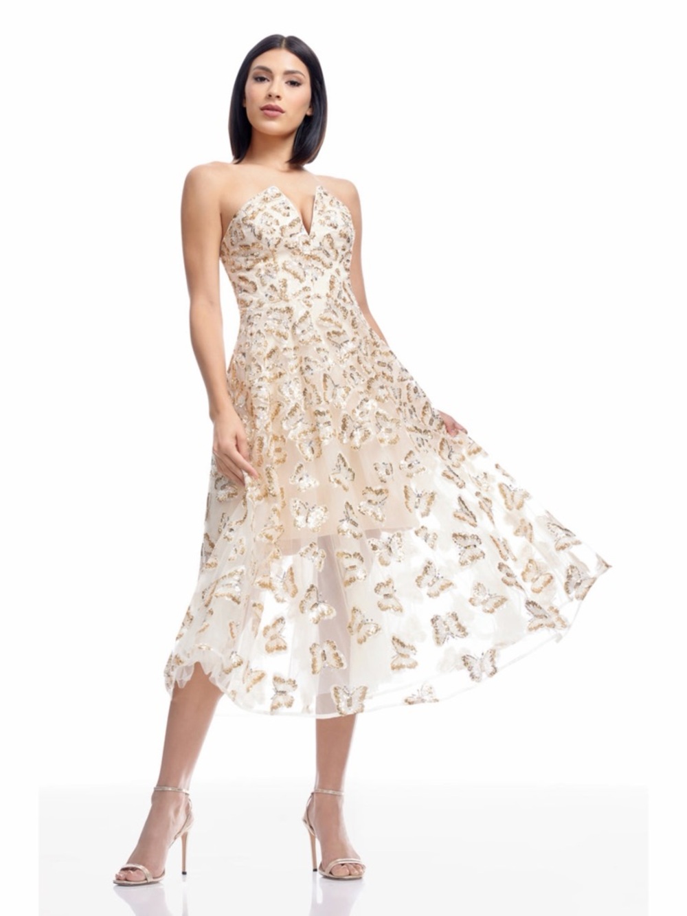 NWT Dress The Population Briella Champagne Multi Butterfly Sequin Midi Dress